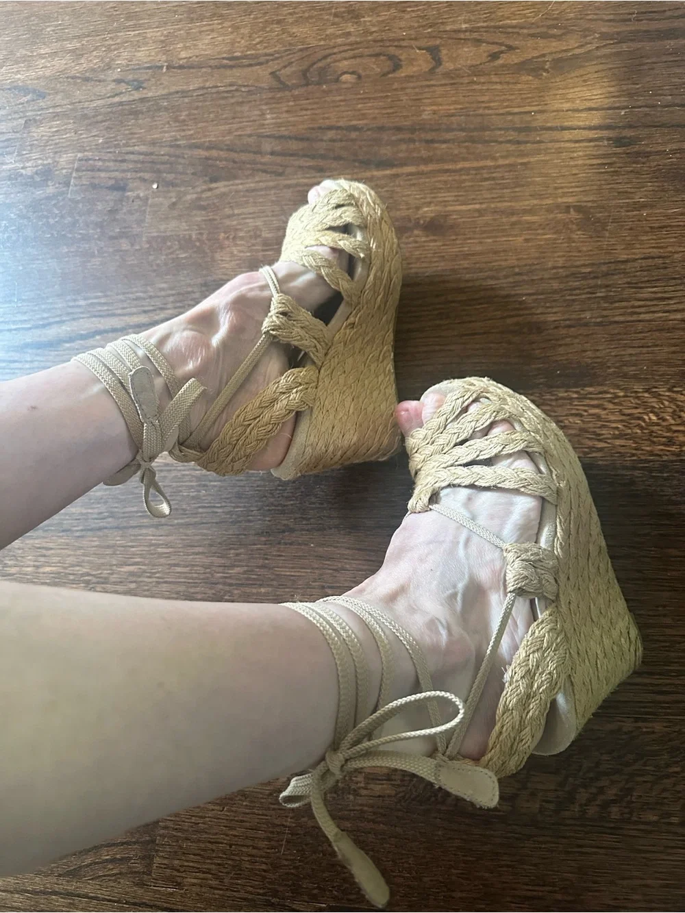 Envy Beige Braided Espadrille Wedge Sandals with Ankle Tie 6.5